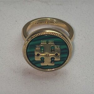 Tory Burch Gold Plated Double-T Logo Malachite Green Ring